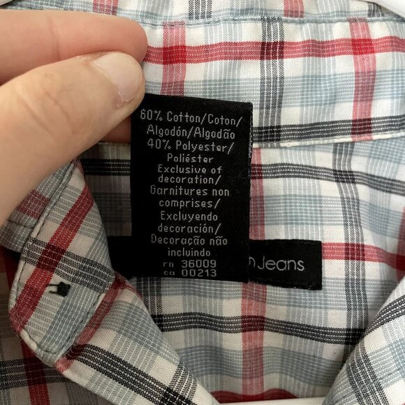 Calvin Klein Jeans red blue black checkered full button down short sleeve cotton - Picture 3 of 6